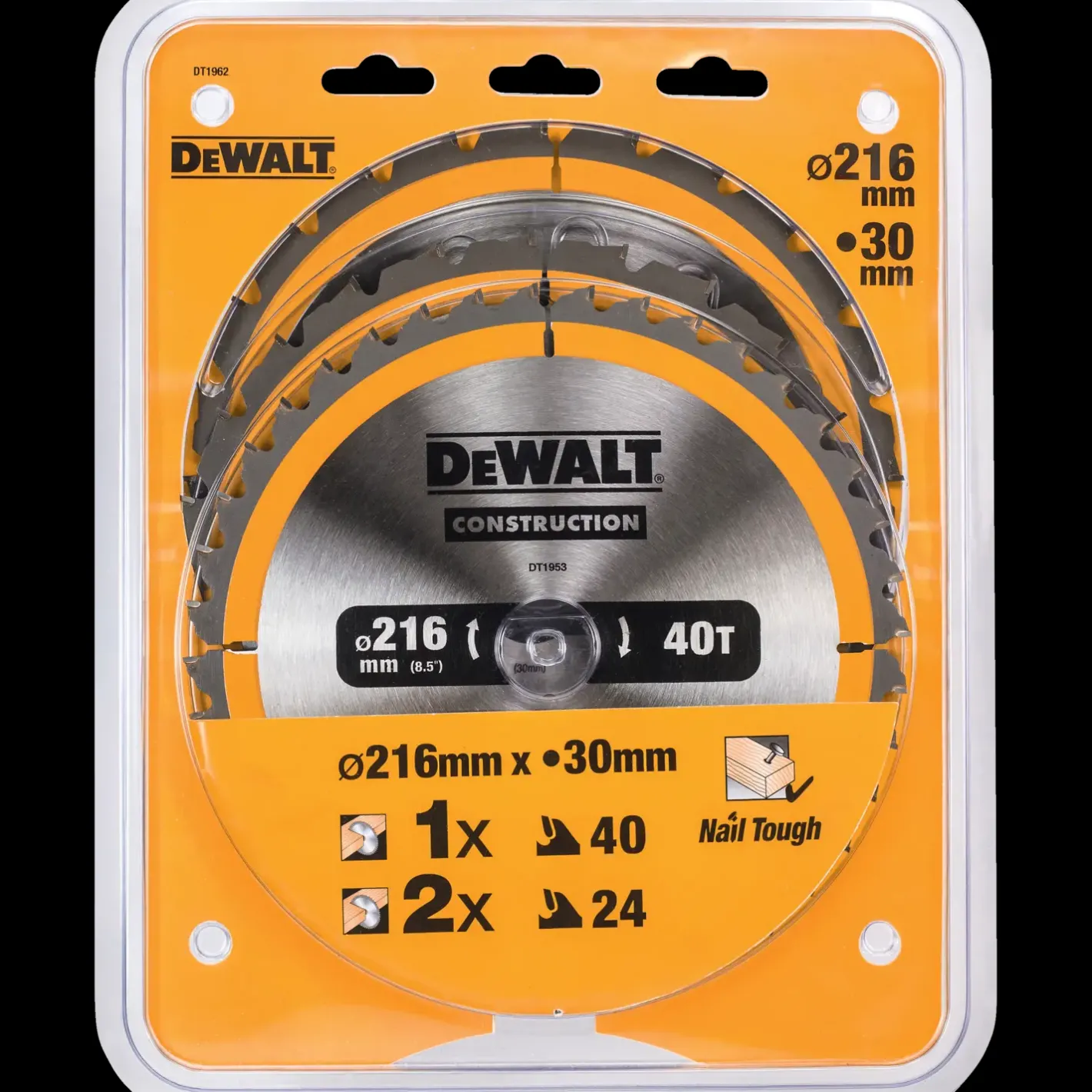 DeWALT DT1962-QZ rundsavsklingesæt 216 mm - 3-pak med 2 x 24T og 1 x 40T* Rundsavklinger