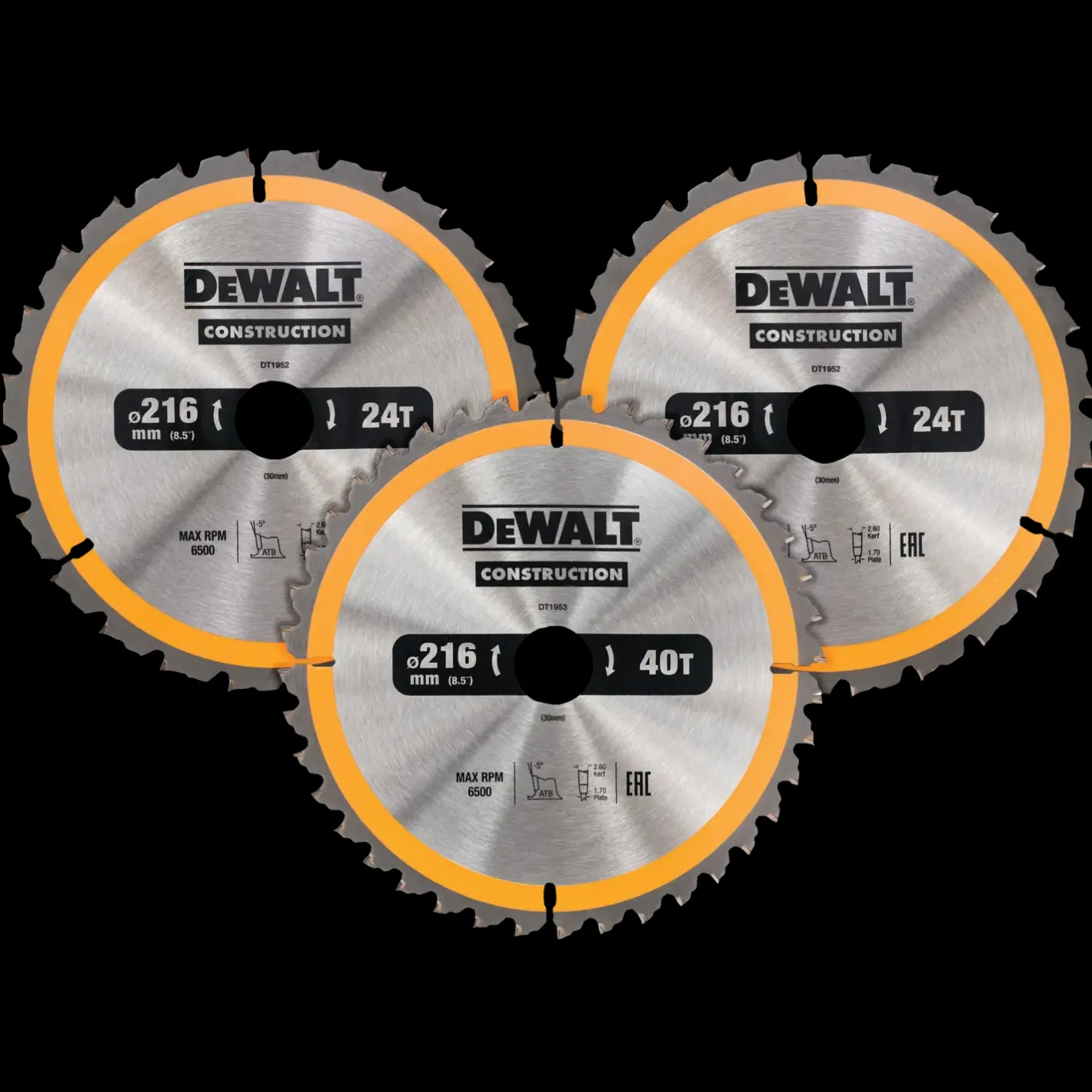 DeWALT DT1962-QZ rundsavsklingesæt 216 mm - 3-pak med 2 x 24T og 1 x 40T* Rundsavklinger