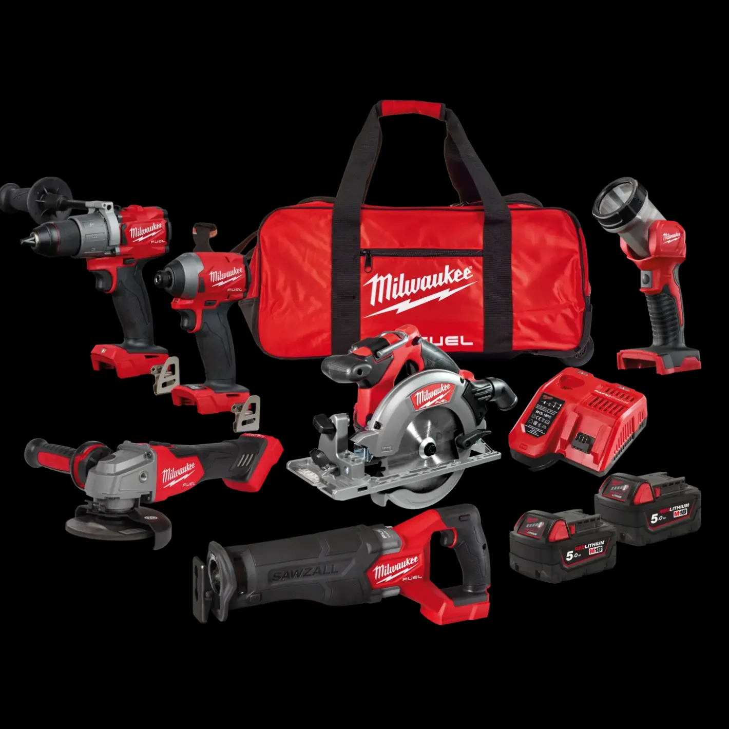 Milwaukee M18 FPP6K2-502B powerpack inkl. slag-/skruemaskiner, bajonetsav, 125mm vinkelsliber og 55mm rundsav inkl. batteri og lader* Bore- Og Skruemaskiner