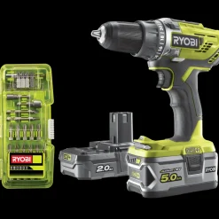 Ryobi R18DD3-252T akku bore-/skruemaskine 1x2,0+1x5,0 Ah 18V ONE+ inkl. 17 dele tilbehør* Bore- Og Skruemaskiner